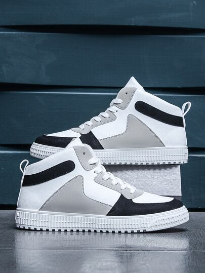 أحذية التزلج الرجالية متعددة الألوان بنمط كتل اللون ذات ربطة الأمام، أحذية رياضية رجالية عالية الأعلى أبيض وأسود بتصميم كتل اللون، أحذية للرجال الشارع