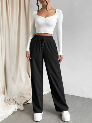 EZwear بنطلون نسائي ذو موحد اللون بجيب مائل واسع الساق وعقدة الخصر، ملابس رمضان