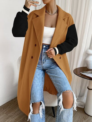 EZwear معطف خارجي مزدوج الصدر ذو أكتاف متدلية بألوان مُجزَّأة، معطف نسائي فضفاض متدلي الأكتاف مع ياقة مرملة بأزرار مزدوجة للارتداء اليومي الكاجوال في نهاية الخريف، أوفركوت نسائي ملائم للارتداء اليومي بألوان مجزأة