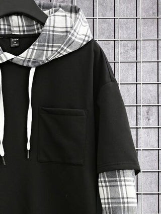 Manfinity Homme هودي رجالي ذو جيب مرقع للرقبة والكتف بخيط سحب، بخطوط تارتان ، 2 في 1