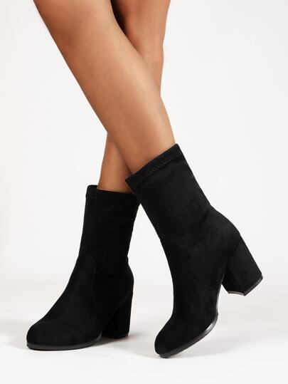 بوت كاحل بكعب عالي سميك مريح وعصري برأس دائري لون أحادي للنساء