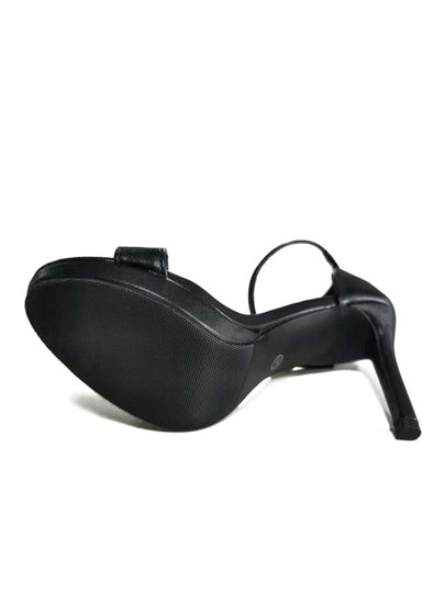 صندل نسائي بسيط بكعب رفيع وحزام كاحل ، صندل أنيق بكعب أسود