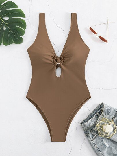 مايوه حريمي قطعة واحدة Swim Basics ملابس سباحة من قطعة واحدة بربطات حلقية للشاطئ الصيفي مع فتحة عميقة