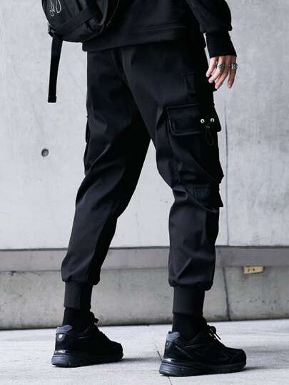 Manfinity EMRG بنطلون شحن من القطن الرجالي ذو أرجل واسعة كبيرة ورباط خصر، أسود عادي طويل للخروج