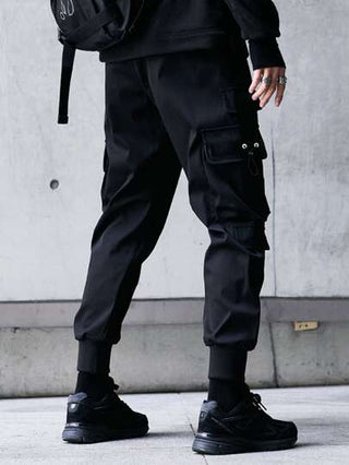 Manfinity EMRG بنطلون شحن من القطن الرجالي ذو أرجل واسعة كبيرة ورباط خصر، أسود عادي طويل للخروج