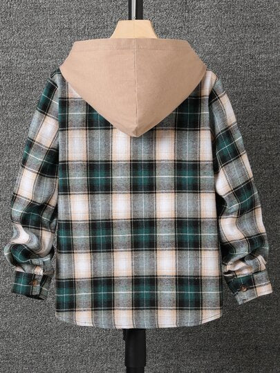 SHEIN قميص صوف بطبعة المربعات للفتيان في سن المراهقة ، بدون تي شيرت وأكمام بهودي