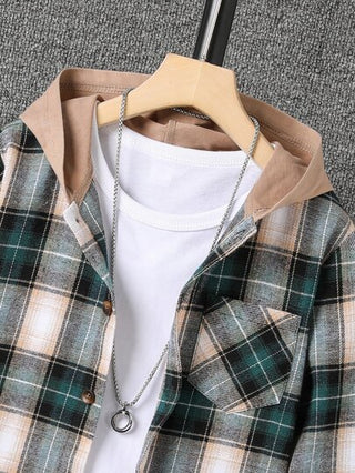 SHEIN قميص صوف بطبعة المربعات للفتيان في سن المراهقة ، بدون تي شيرت وأكمام بهودي