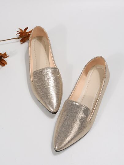 حذاء شبشب مسطح معدني يتألف من إصبع مدبب للنساء بلون ذهبي لامع، مناسب لجميع الفصول، مصنوع من مادة Pu أنيقة