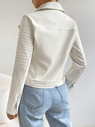 Essnce جاكيت موتو ياقة مطوي مسنن حزام سستة جلد صناعي