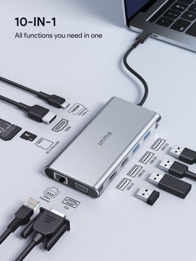 JMMO محور USB-C ،محول 10 في 1 USB C مع منفذان USB 2.0 ، 2 منفذ USB 3.0 ، منفذ HDMI متوافق ،منفذ إيثرنت ، قارئ بطاقة ميكرو SD/SD ومنفذ USB-C للأجهزة من نوع C ، هدايا عيد الميلاد ، أساسيات لا غنى عنها للإجازات والخروج التخييم في الخريف والشتاء،أساسيات العطل