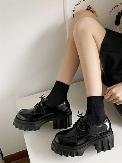 أحذية أوكسفورد حريمي حذاء أكسفورد ذو منصة أمامية برباط، حذاء نسائي أسود سميك عالي الكعب بأسلوب بريطاني، حذاء عزباء جين مستدير الأصابع وسميك النعل لربيع وخريف الجديد