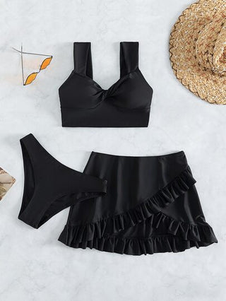 طقم تانكيني حريمي Swim ثوب سباحة بكيني صلب يتضمن ملابس علوية تانك توب بتفاصيل ملتوية وتنورة شاطئ بطبقات وقاع بكيني 3 قطع