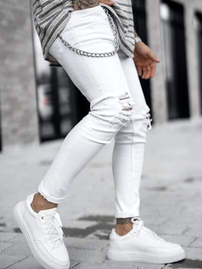 بنطلون جينز نحيل ممزق مهتري الحواف بتفاصيل السلسلة للرجال