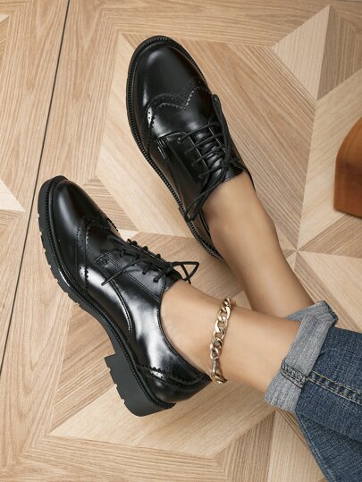أحذية أوكسفورد حريمي رباط امامي أحذية أكسفورد , أسود أنيق موحد اللون للنساء أحذية مسطحة