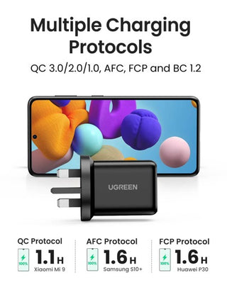 UGREEN شاحن حائط يو جرين سريع 18 واط بتقنية 3.0 متوافق مع هواتف أيفون وسامسونج والاندرويد، مناسب للسفر والمكتب والكلية والمنزل