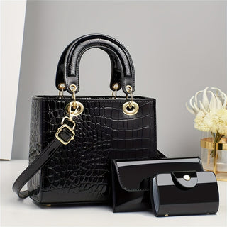 مجموعة حقائب يد من الجلد الصناعي العصرية، 3 قطع، نمط تمساح، إغلاق بسحاب، حزام قابل للإزالة، تزيين لامع، مبطنة بالبوليستر، موضوع حيواني، نمط كاجوال، تتضمن كلاتش - أسود/أحمر/أبيض