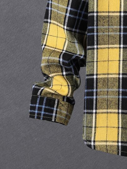 SHEIN قميص شبابي نقشة المربعات مع جيب شق مخيط بدون تي شيرت