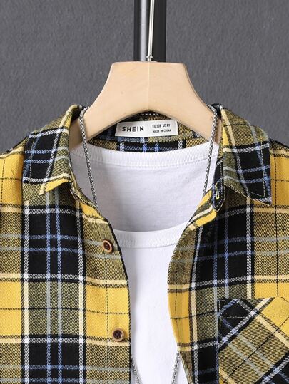 SHEIN قميص شبابي نقشة المربعات مع جيب شق مخيط بدون تي شيرت