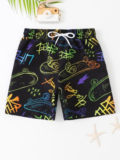 مايوه أولادي شورت سباحة للصبيان ذوي الأعمار المتوسطة برسوم الحروف والسكيت بورد ورباط خصر