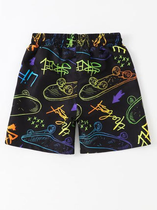 مايوه أولادي شورت سباحة للصبيان ذوي الأعمار المتوسطة برسوم الحروف والسكيت بورد ورباط خصر