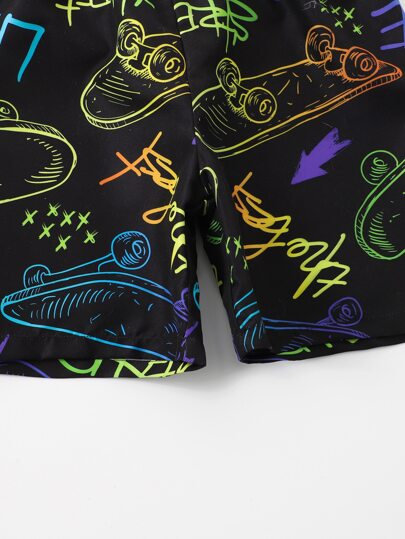 مايوه أولادي شورت سباحة للصبيان ذوي الأعمار المتوسطة برسوم الحروف والسكيت بورد ورباط خصر