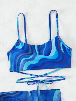 Swim متموج طباعة طقم بيكيني أشرطة متقاطعة كامي حمالة صدر & سروال بيكيني وغطاء تنورة