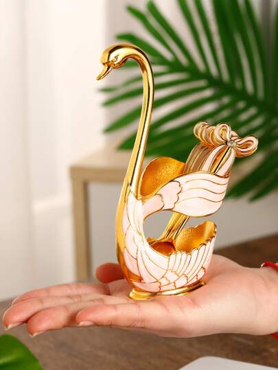 CH طقم واحد أطباق تقديم الفواكه بأشكال أوروبية عصرية، ملاعق ذهبية بشكل البجعة (6 ملاعق + 1 حامل) مناسبة للبوفيه والمنزل والكافيه والنادي والمطبخ وكهدية عيد الميلاد