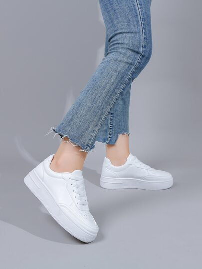 أحذية رياضية بيضاء للطالبات للعودة إلى المدرسة، خريف/ربيع، كاجوال بكعب سميك مدبب رباط للنساء، كعوب مخفية مقاومة للماء