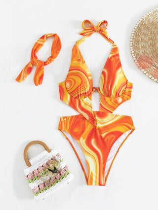 مايوه حريمي قطعة واحدة Swim SXY ملابس سباحة نسائية مقطعة مطبوعة بالكامل بتصميم الشاطئ الصيفي من قطعة واحدة وربطة شعر حول الرأس