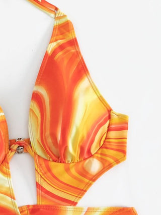 مايوه حريمي قطعة واحدة Swim SXY ملابس سباحة نسائية مقطعة مطبوعة بالكامل بتصميم الشاطئ الصيفي من قطعة واحدة وربطة شعر حول الرأس