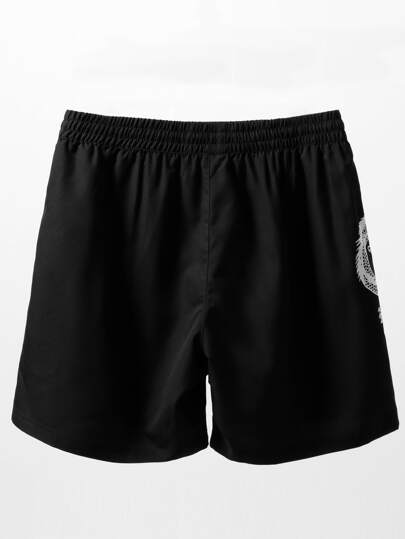 Manfinity KASUA شورتات سباحة للرجال مع خصر قابل للتعديل ، جيوب أمان ، مطاطية متعددة الاتجاهات برسم التنين "لونج"، لأجواء المنتجعات والشاطئ ، أسود، قماش غير المطاطي مبطن، شورتات شاطئ هاواي