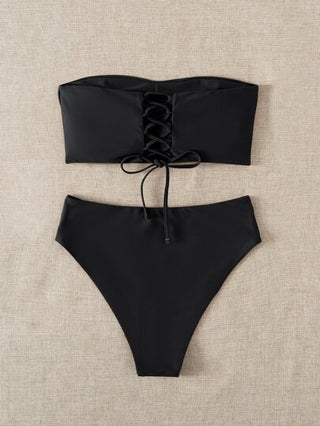 Swim Basics موحدة اللون طقم بيكيني برباط خلفي بجانبين أنبوب حمالة صدر & خصر عالي لباس قيعان 2قطع بدلة سباحة