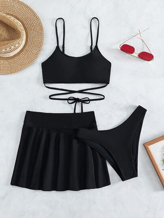 Swim Basics طقم بكيني برباط وتنورة شاطئ صيفية بسيطة ٣ حبات