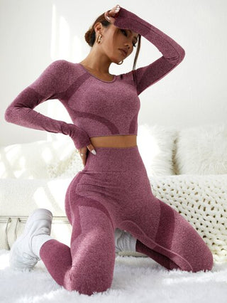 SHEIN Sport Studio مجموعة اللياقة البدنية بقطعتين ، بلوزة بفتحة الإبهام وسراويل ضيقة مسيطرة على البطن لممارسة اليوغا ، مناسبة للنساء