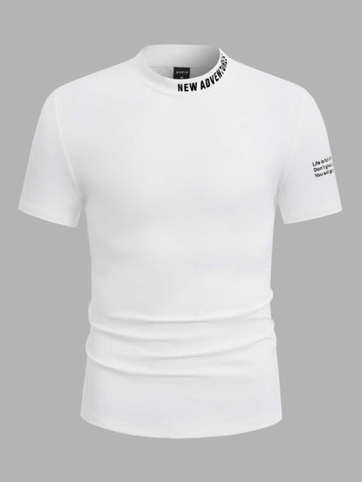 HIMLAND تي شيرت رجالي مخملي عنق، أكمام قصيرة، تي شيرت شعار الرقبة، ملابس رجالية عصرية صيفية عادية