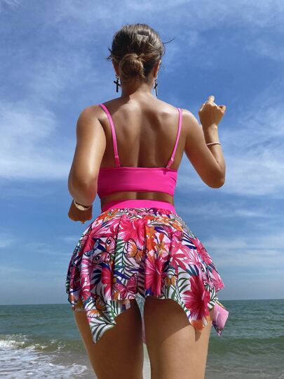 SHEIN Swim طقم بيكيني مكون من 3 قطع مع حمالة صدر ذات دفع للأعلى وسروال بيكيني وتنورة شاطئ بطبعة استوائية، صيفي شاطئي