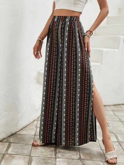 SHEIN VCAY بنطلون بساق واسع طباعة هندسية فتحة للفخذ