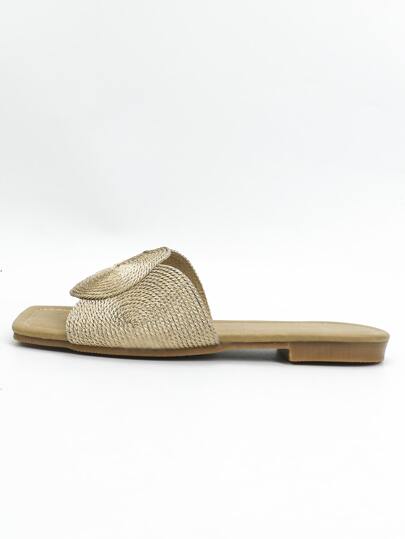 صندل مربع الأصبع مسطح بتصميم زلة للنساء بطراز إجازة عفوي جديد وأنيق بتطريز