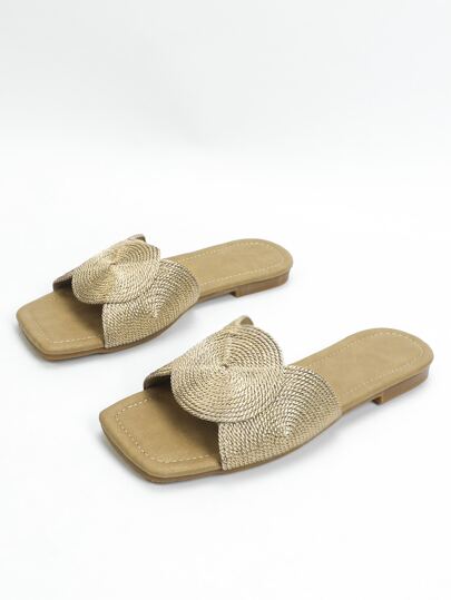 صندل مربع الأصبع مسطح بتصميم زلة للنساء بطراز إجازة عفوي جديد وأنيق بتطريز