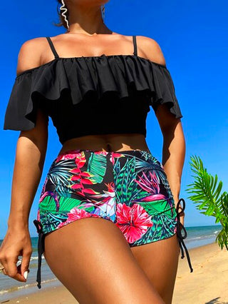 طقم تانكيني حريمي Swim Lushoire استوائي تانكيني سباحة طقم كتف مكشوف كشكش لباس علوي & خصر عالي بنطلون قصير 2قطع بدلة سباحة