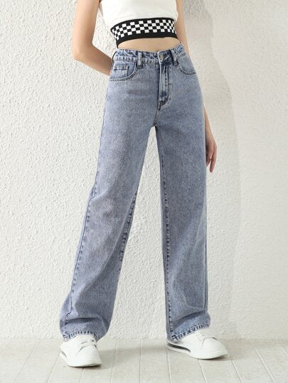 SHEIN جينز كاجوال مستقيم الساق متعدد الاستخدامات مغسول للبنات المراهقات، لون أزرق فاتح رجعي