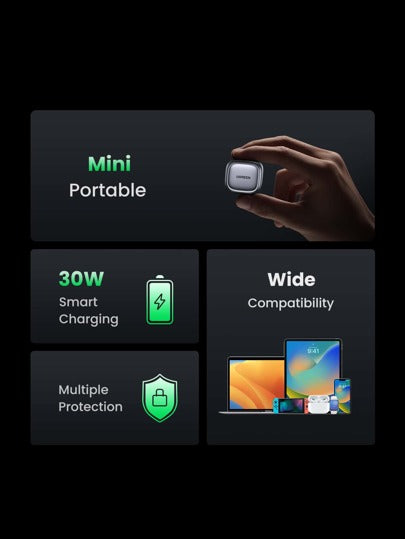 UGREEN شاحن UGREEN PD 30 واط من جاليوم نترايد للشحن السريع من USB-C ، متوافق مع هواتف آيفون 16 و 15 و 14 و 13 برو ماكس ، بيكسل ، جالاكسي إس 23/إس 22/نوت 10 ، آيباد ميني/برو ، مناسب للسفر والمكتب والسكن المنزلي