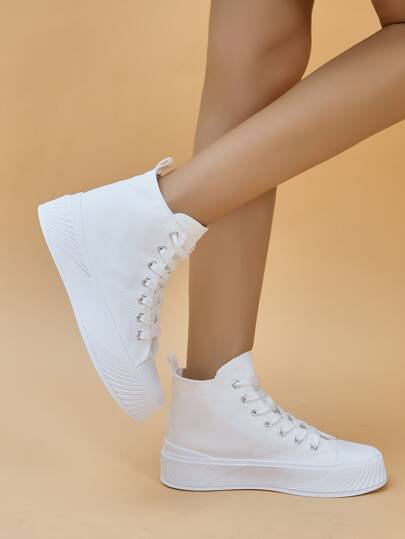 رياضي أبيض أحذية قماشية للنساء , تفاصيل الغرزة رباط رقبة عالي حذاء رياضي