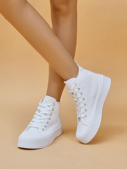 رياضي أبيض أحذية قماشية للنساء , تفاصيل الغرزة رباط رقبة عالي حذاء رياضي