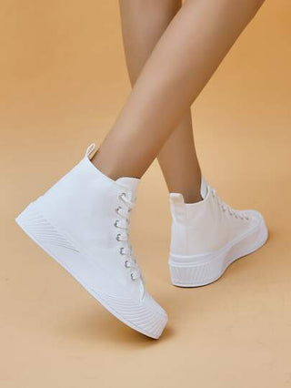 رياضي أبيض أحذية قماشية للنساء , تفاصيل الغرزة رباط رقبة عالي حذاء رياضي