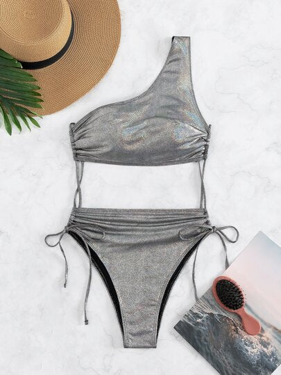 مايوه حريمي قطعة واحدة Swim بدلة سباحة قطعة واحدة معدنية متقطعة ذات كتف واحد بخيط شد جانبي للصيف