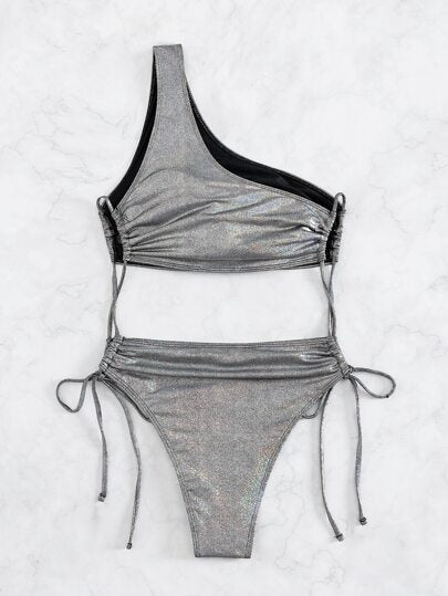 مايوه حريمي قطعة واحدة Swim بدلة سباحة قطعة واحدة معدنية متقطعة ذات كتف واحد بخيط شد جانبي للصيف