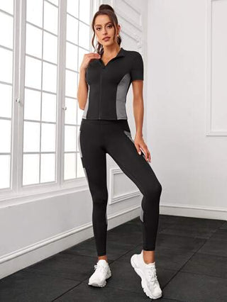 SHEIN Sport Studio مجموعة نسائية ملابس رياضية من تي شيرت مقسم بالألوان وسروال رياضي مع جيب للهاتف