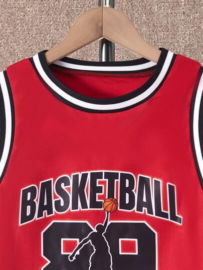 SHEIN طقم جيرسي لكرة السلة بتصميم حرفي مخطط للأولاد، مزين بحواف مخططة