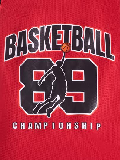 SHEIN طقم جيرسي لكرة السلة بتصميم حرفي مخطط للأولاد، مزين بحواف مخططة